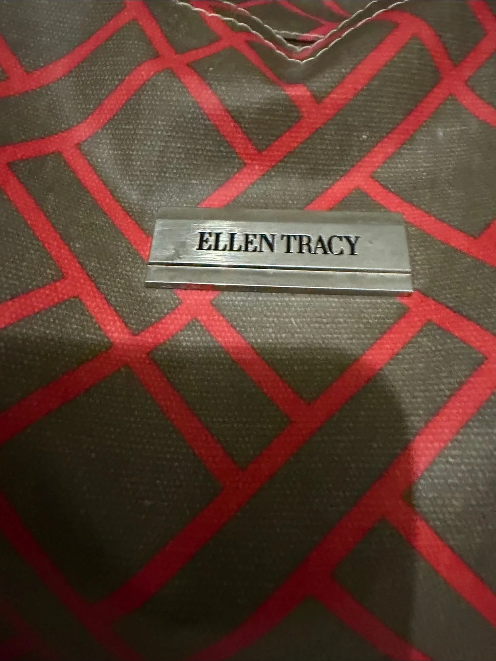 Ellen Tracy Brown Tote with Red Geometric Print and Tan Handles